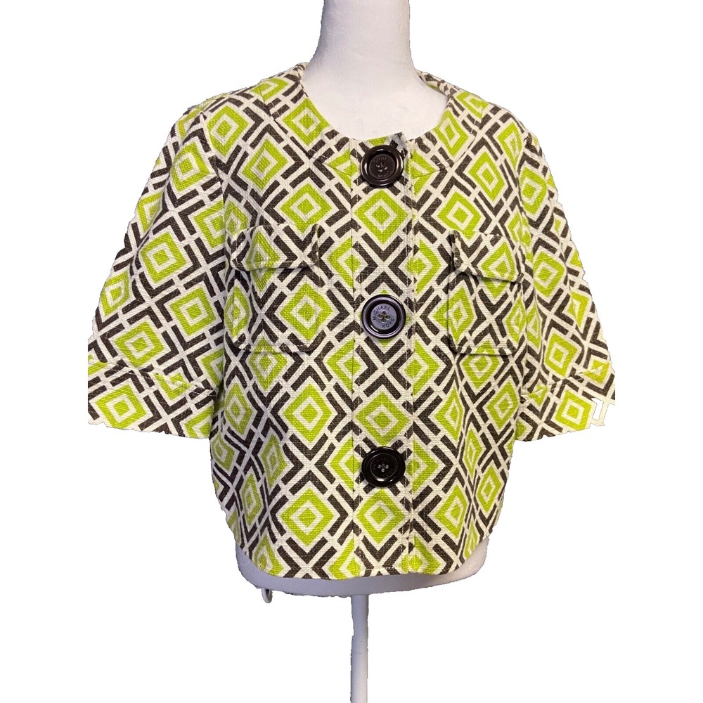 Michael Kors Jacket Womens XL Green Brown Geometric Print 3/4 Sleeve Button Fron